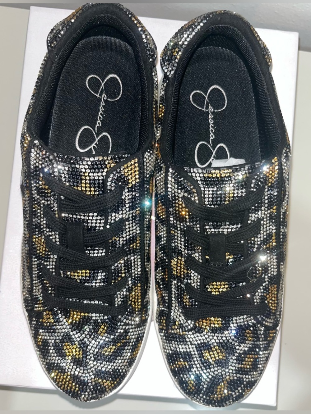 Jessica Simpson Black Sneaker with Gold and Silver Crystal Leopard Accents 8.5 - Picture 2 of 5